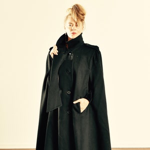 Black Wool Cape Coat for Women, Plus Size Wool Cape Cloak Coat