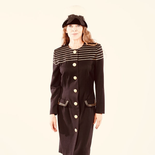 Leslie Fay/ 80's Blazer Dress/ 80s Coat Dress/ Military Dress/ Sailor Dress/ Gold Striped Dress/ Battledress/ Military Dinner Dress