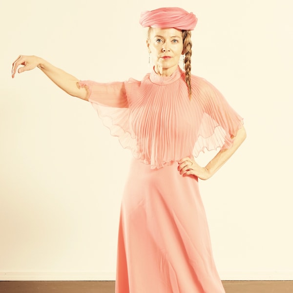 Miss Rubette Inc./ Pink Chiffon Prom Dress/ 70's Pink Chiffon Dress/ Vintage Pink Chiffon Dress/ 70's Pink Prom Dress/ Easter Dress/ Size S