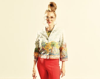 Beaded Palm Tree Print Cropped Summer Jacket with 3/4 Sleeve