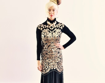Gold Sequin Formal Gown/ Black Flair Chiffon Skirt/ Full length/ Sleeveless/ Size 4