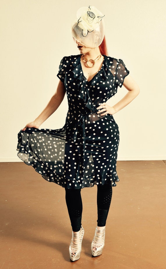 JBS/ Sheer Polka Dot Blouson Dress/ Sheer Polks Dot Dress/ Navy