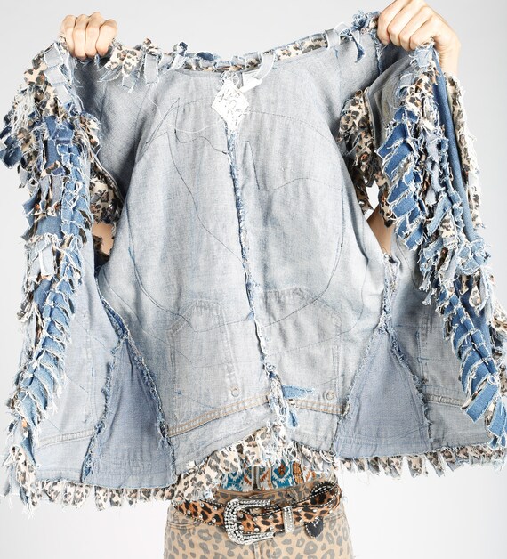 Denim Rag Vest/ Denim Fringe Vest/ Leopard Print … - image 10