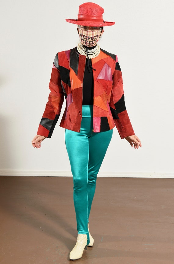 Patchwork Leather Jacket, 90's Red Cropped Jacket… - image 7
