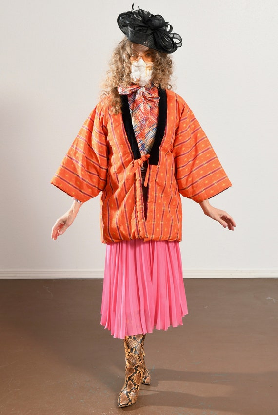 Japanese Quilted Kimono, Orange Padded Jacket, Wi… - image 2