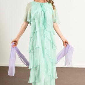 70's Chiffon Prom Dress, Mint Green, Butterfly Sleeve, Multi-Tiered Hem, Bridesmaid image 7