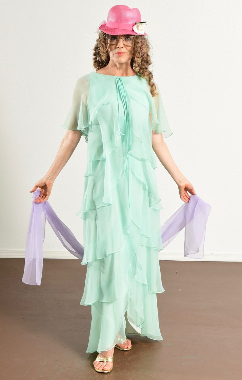 70's Chiffon Prom Dress, Mint Green, Butterfly Sleeve, Multi-Tiered Hem, Bridesmaid image 7