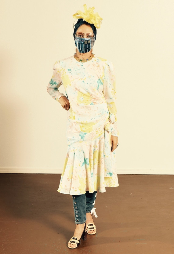 80's Floral Dress/ 80's Drop Waist Dress/ 80's Chi