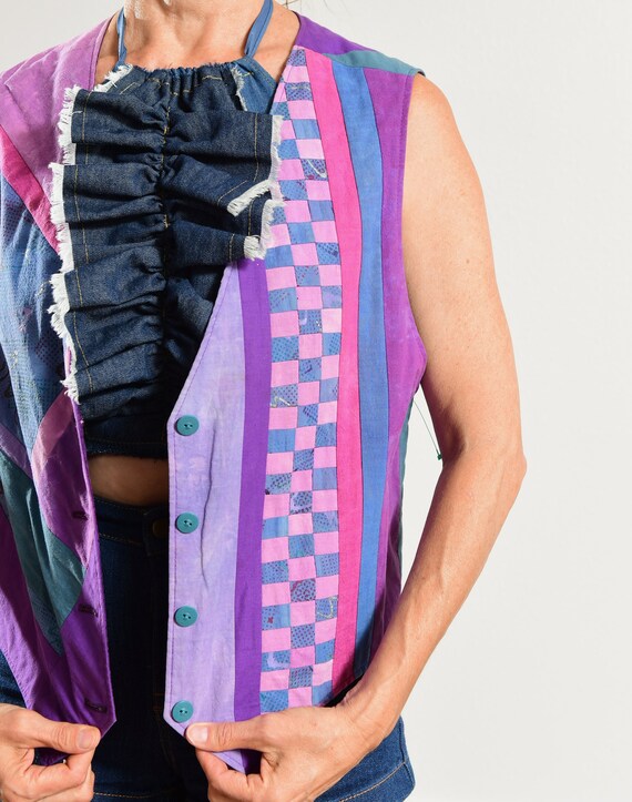 80's Cotton Patchwork Vest/ Hand Painted Cotton V… - image 6