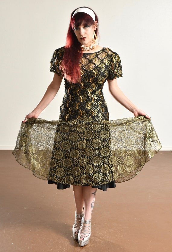 80's Gold Lace Party Dress/ Vintage Lace Cocktail… - image 6