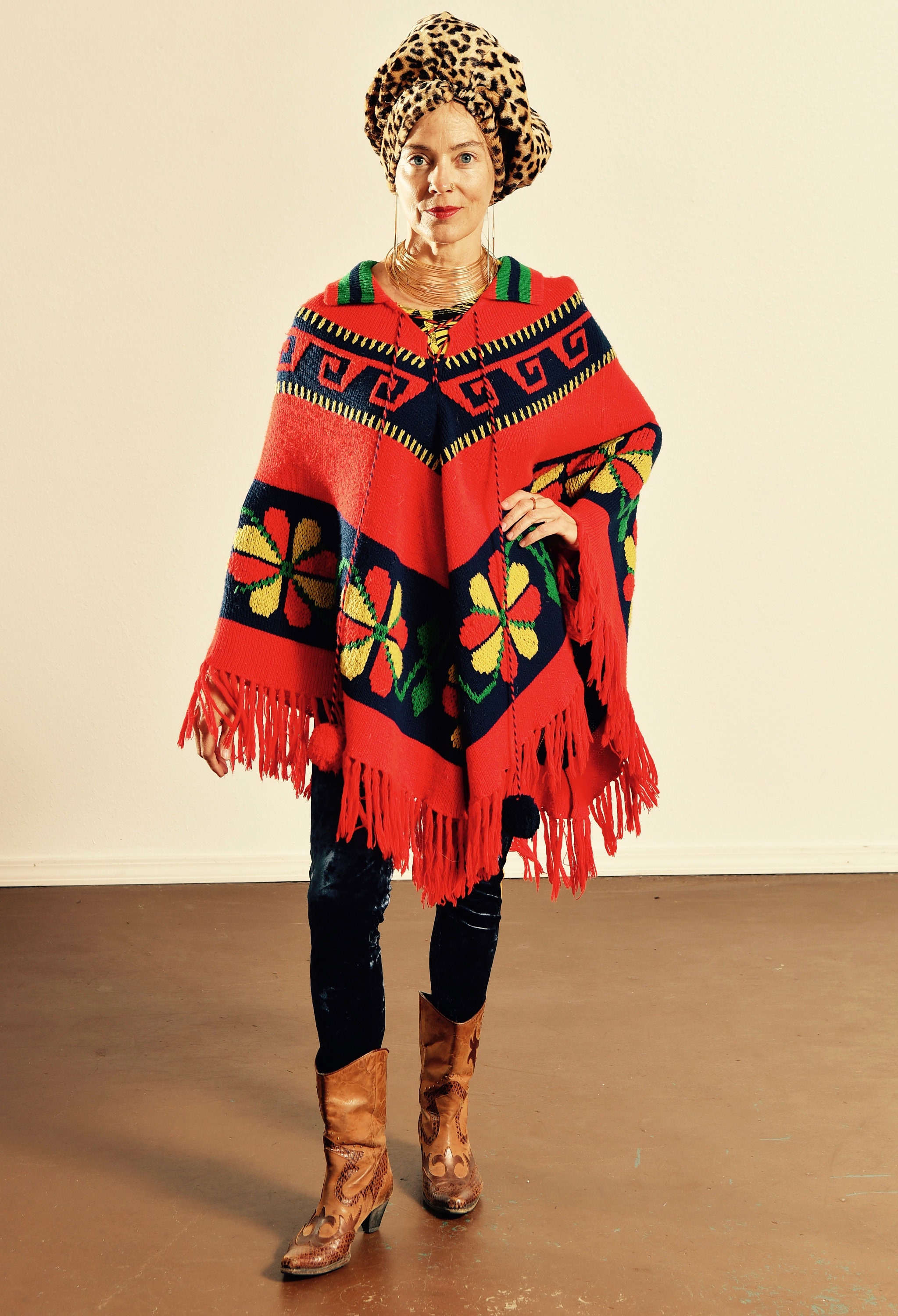 70's Poncho With Pompoms/ Vintage 