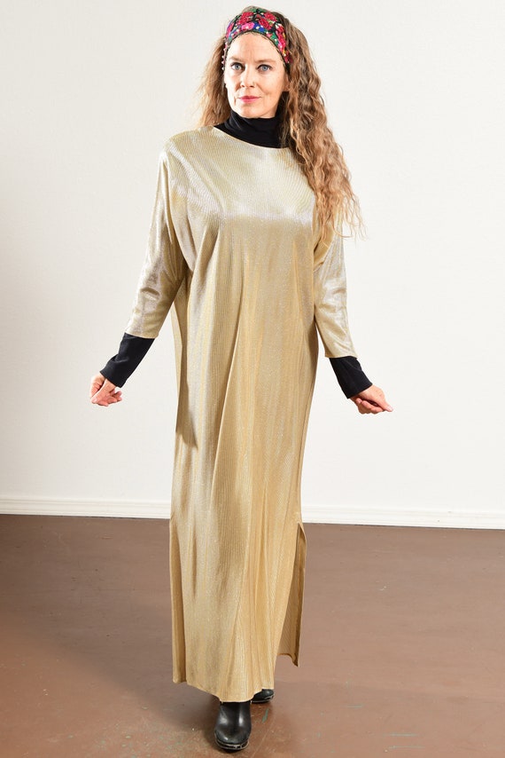 80's Gold Dress, Metallic Lounge Muu Muu with Bat… - image 6