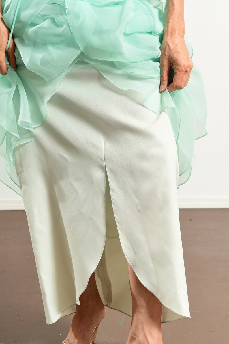 70's Chiffon Prom Dress, Mint Green, Butterfly Sleeve, Multi-Tiered Hem, Bridesmaid image 10