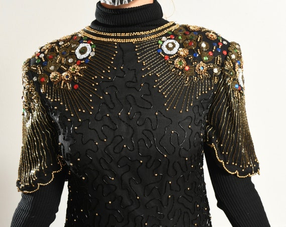 Carina/ 80's Silk Beaded Top/ 80's sequin Top/ Go… - image 7