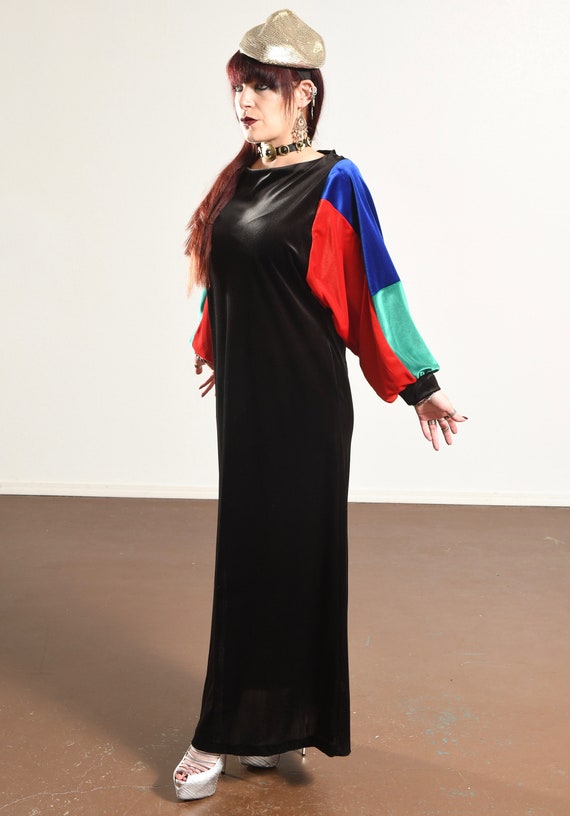 80s Black Velvet Colorblock Dress, Long Winter Ma… - image 5