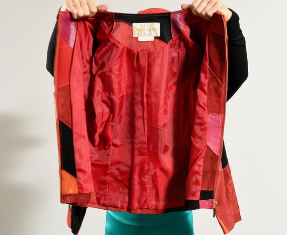 Patchwork Leather Jacket, 90's Red Cropped Jacket… - image 10