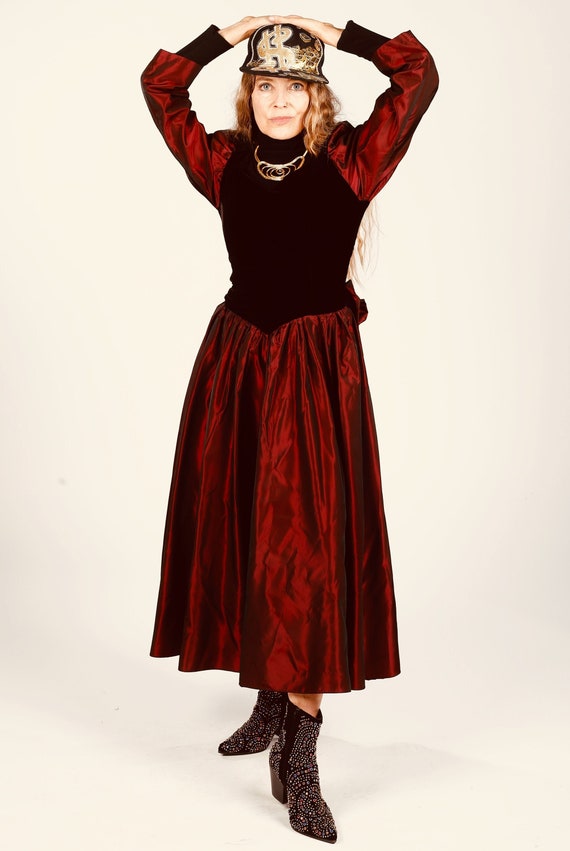 80s Taffeta Dress with Bow/ 80's Velvet Dress/ Bur