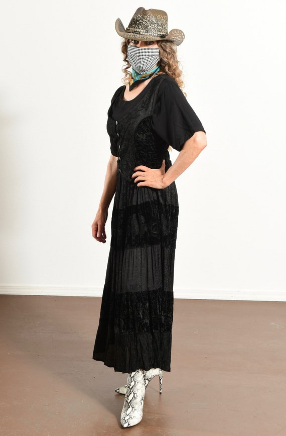90's Black Velvet Dress, Hippie Prairie Boho Maxi… - image 5