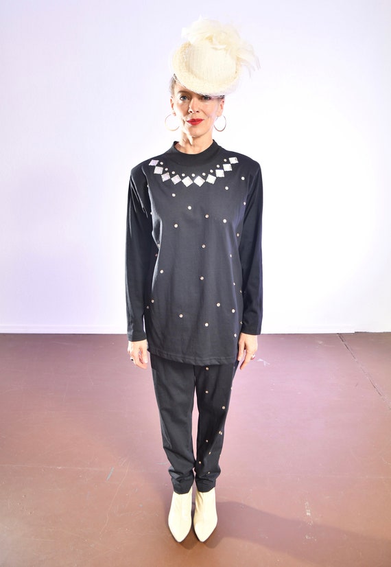 Vintage Black Studded Pantsuit/ 80's CERVELLE Emb… - image 3