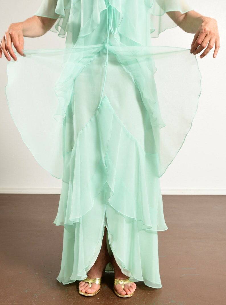 70's Chiffon Prom Dress, Mint Green, Butterfly Sleeve, Multi-Tiered Hem, Bridesmaid image 9