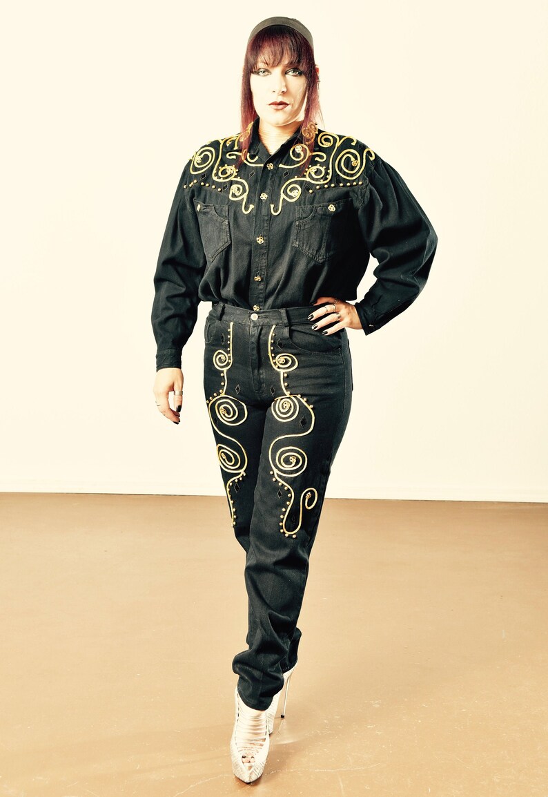 80/'s Don/'t Stop Jeans Bo/'s Denim Pantsuit Vintage Denim Pantsuit Embroidered Denim Pantsuit Size M