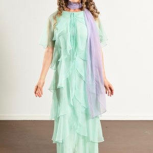 70's Chiffon Prom Dress, Mint Green, Butterfly Sleeve, Multi-Tiered Hem, Bridesmaid image 3