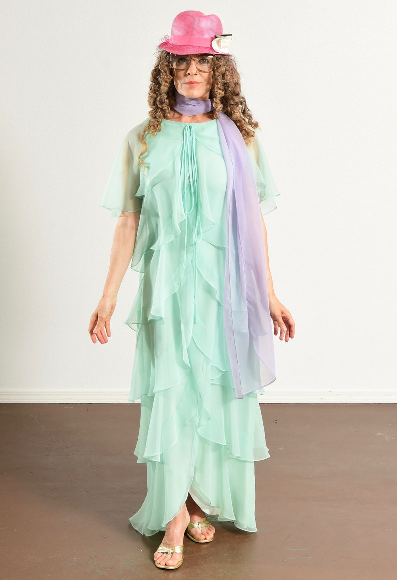 70's Chiffon Prom Dress, Mint Green, Butterfly Sleeve, Multi-Tiered Hem, Bridesmaid image 3