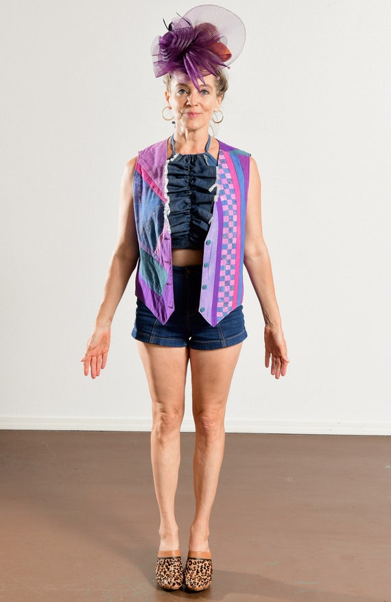 80's Cotton Patchwork Vest/ Hand Painted Cotton V… - image 2