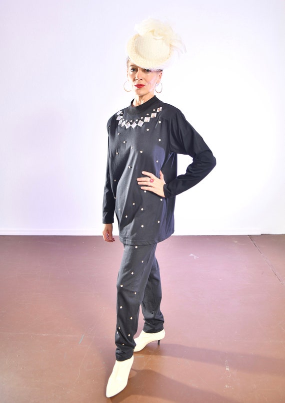 Vintage Black Studded Pantsuit/ 80's CERVELLE Emb… - image 2