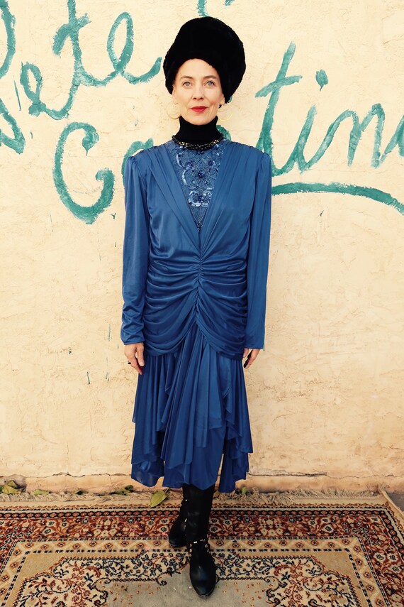 80 S Blue Disco Dress Abby Kent Beaded Draped Vintage Etsy