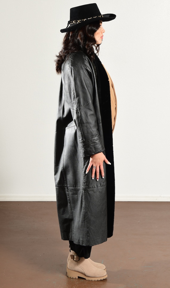 80s Long Black Leather Duster Coat with Faux Fur … - image 3