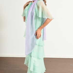 70's Chiffon Prom Dress, Mint Green, Butterfly Sleeve, Multi-Tiered Hem, Bridesmaid image 6