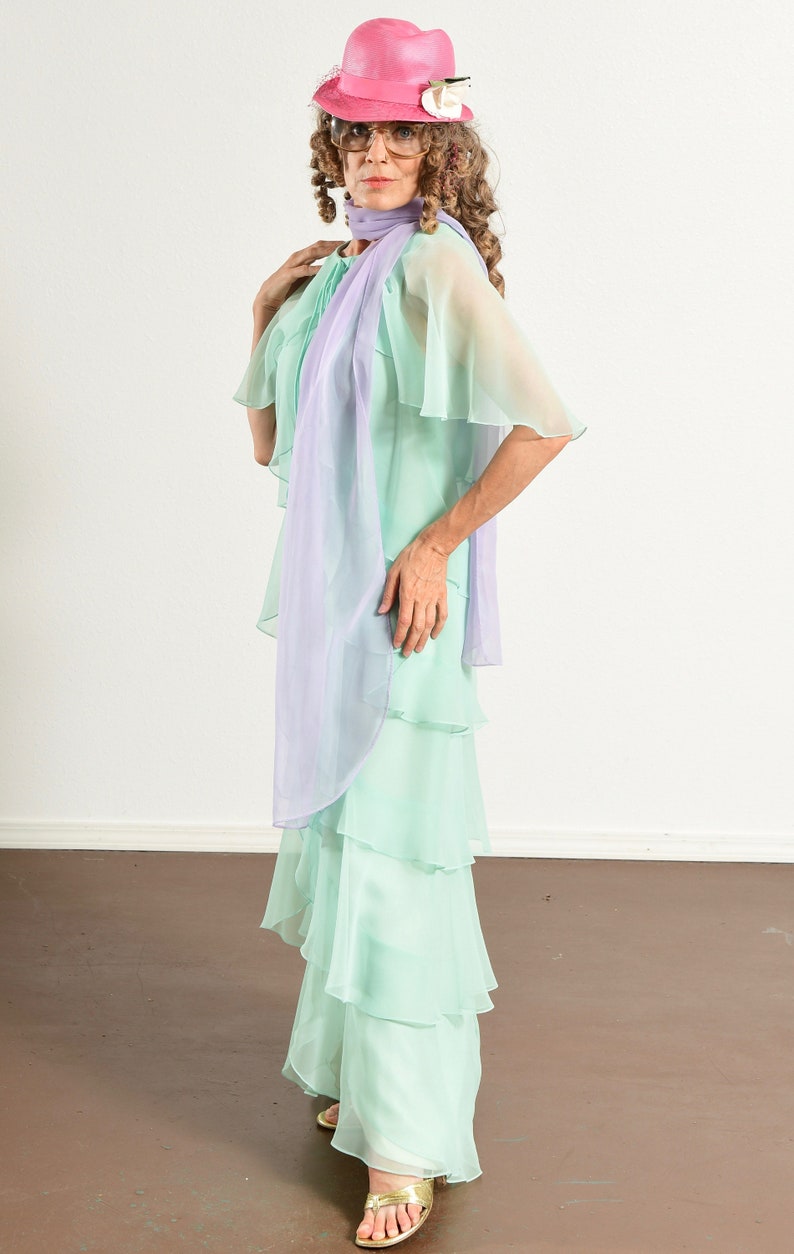 70's Chiffon Prom Dress, Mint Green, Butterfly Sleeve, Multi-Tiered Hem, Bridesmaid image 6