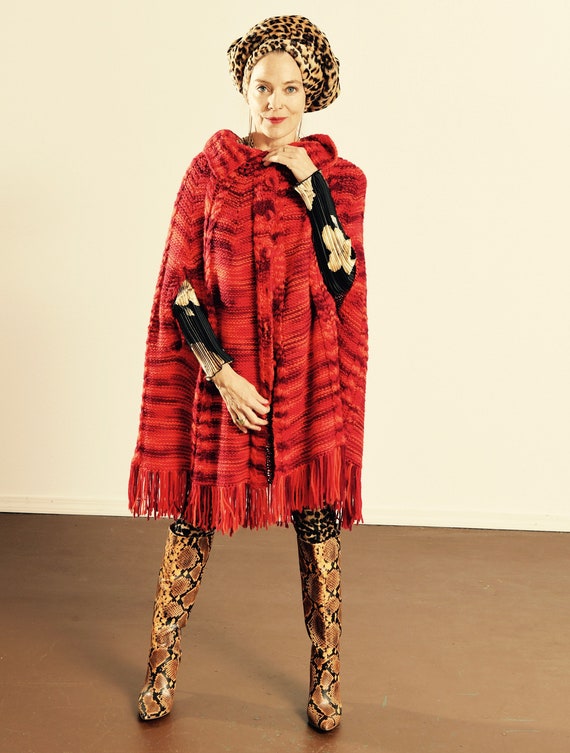 70's Red Fringe Poncho/ Cardigan Poncho/ Fringe Po