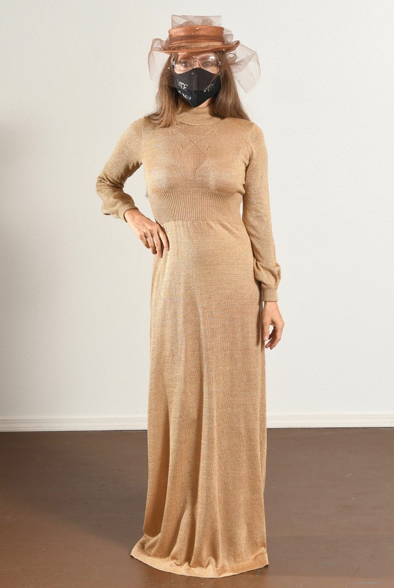 70's Gold Knit Dress, Long Turtleneck Sweaterdres… - image 3