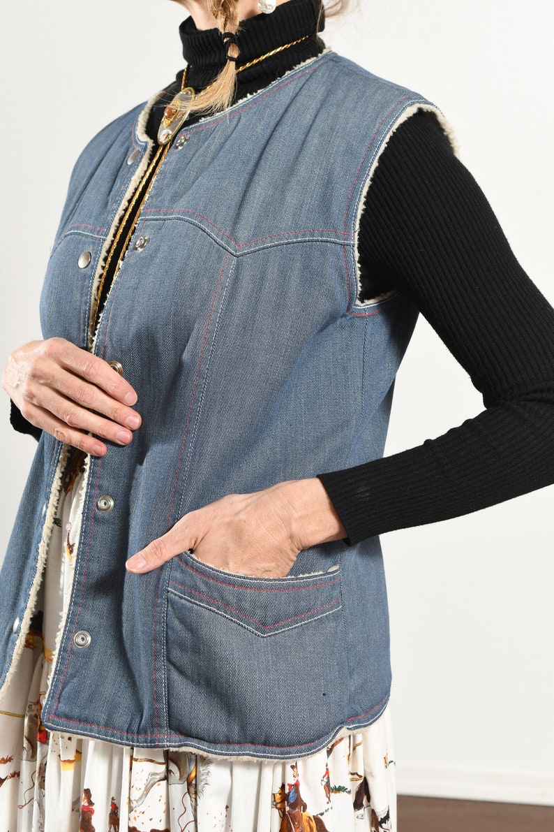 70's Denim Faux Shearling Vest, Vintage Jean Vest Lined Faux Fur/ Size S-M image 7