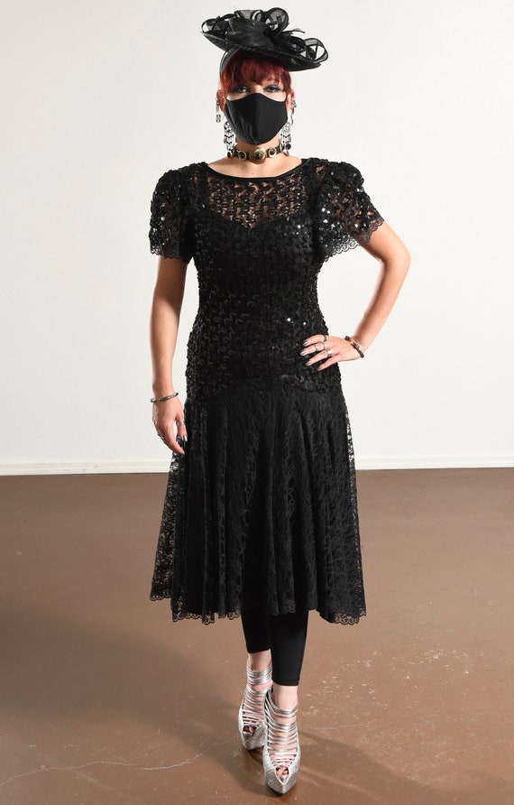 80 s Black Sequin Dress 80 s Black Lace Dress Black Lace and Sequin Dress 80 s Drop Waist Dress Great Gatby Sequin Dress Size M Etsy New Zealand