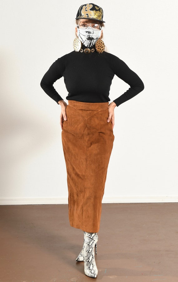 Brown Suede Pencil Skirt, Long, Highwaist, 80's C… - image 2