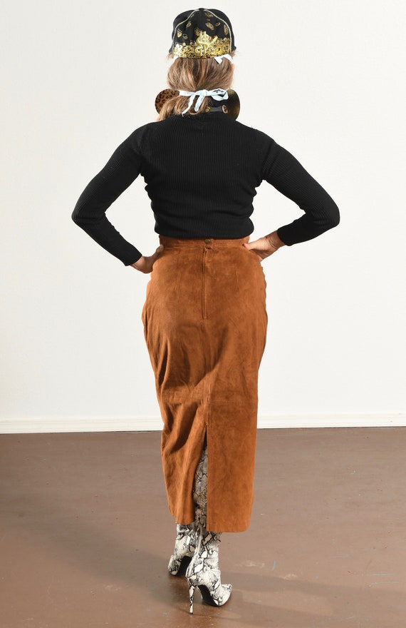 Brown Suede Pencil Skirt, Long, Highwaist, 80's C… - image 5