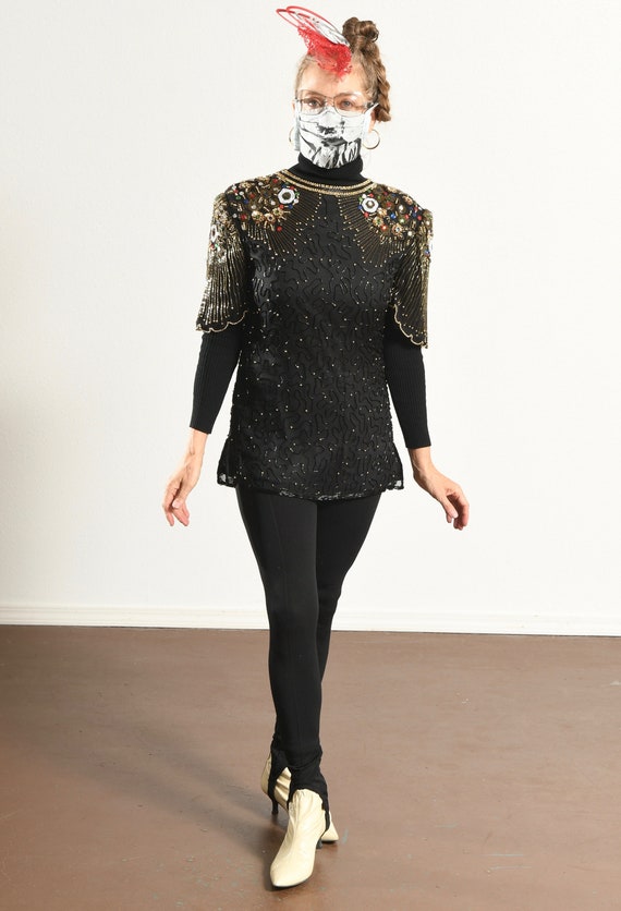 Carina/ 80's Silk Beaded Top/ 80's sequin Top/ Go… - image 2