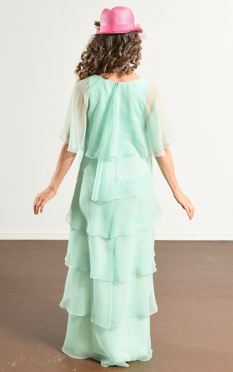 70's Chiffon Prom Dress, Mint Green, Butterfly Sleeve, Multi-Tiered Hem, Bridesmaid image 5