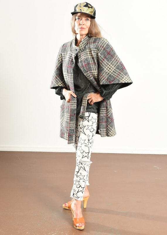 Plaid Cape Coat/ Belted Tartan Jacket, Gray Fall … - image 5