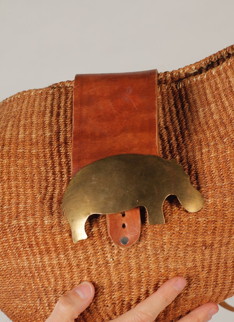 80's Sisal Purse/ Southwest Woven bag, Long Leather Strap, Leather Fringe, Brass Buckle image 7