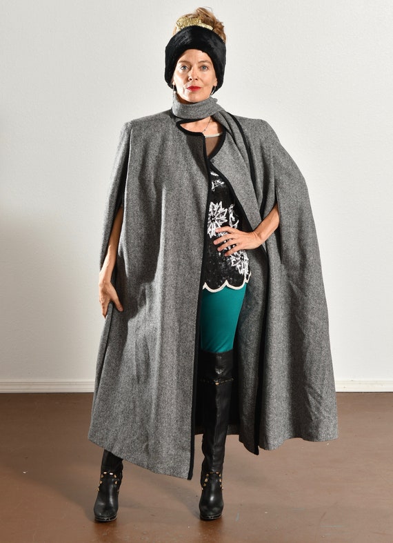 Herringbone Tweed Cape with Attached Scarf, 80's … - image 6