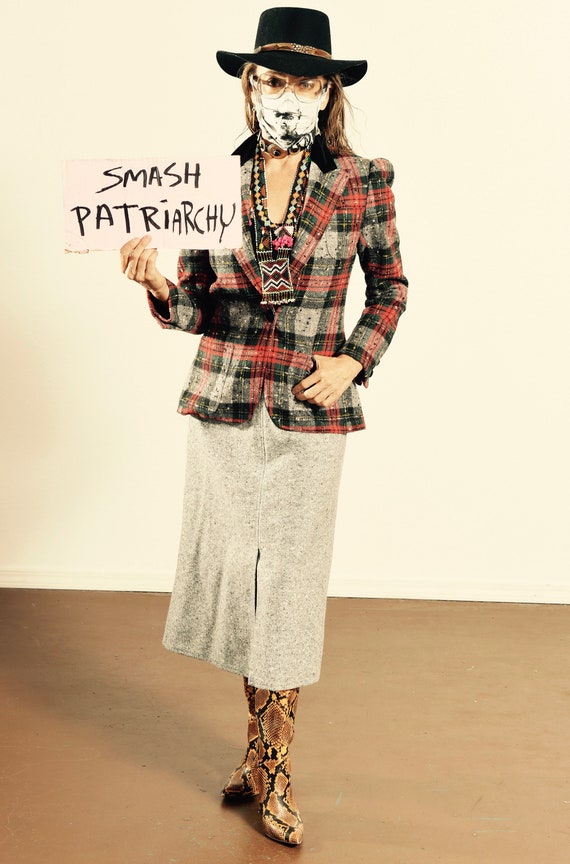 PRATO/ Vintage Plaid Blazer/ Black Velvet Collar B