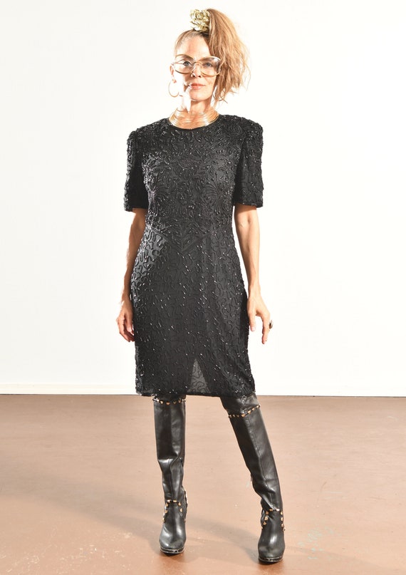 Black Bead Silk Dress, 80s Knee Length Cocktail, … - image 2