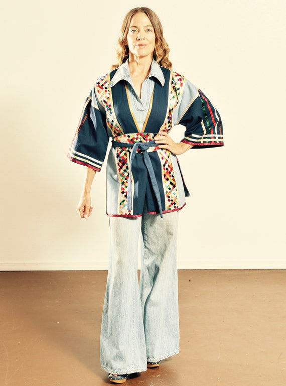 Denim Kimono, Braided Ribbon Jacket, Lattice Ribb… - image 1