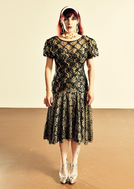 80's Gold Lace Party Dress/ Vintage Lace Cocktail 