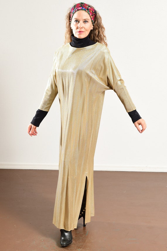 80's Gold Dress, Metallic Lounge Muu Muu with Bat… - image 4