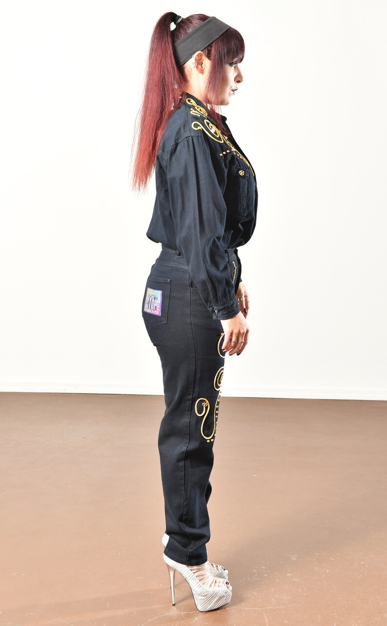 80/'s Don/'t Stop Jeans Bo/'s Denim Pantsuit Vintage Denim Pantsuit Embroidered Denim Pantsuit Size M
